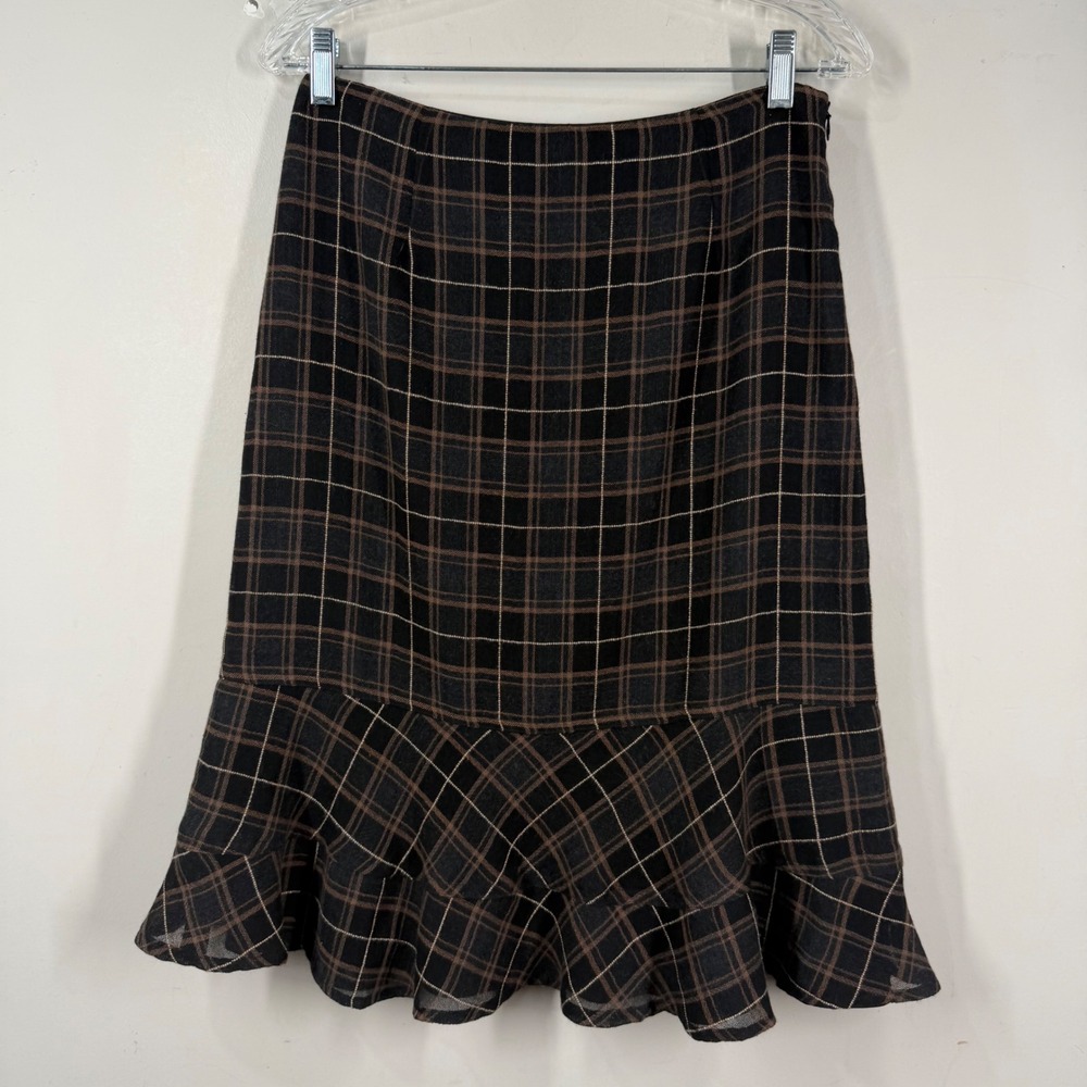 Harold's Brown Black Plaid Tiered Ruffle Hem Wool Blend Skirt Size 6 Made in USA